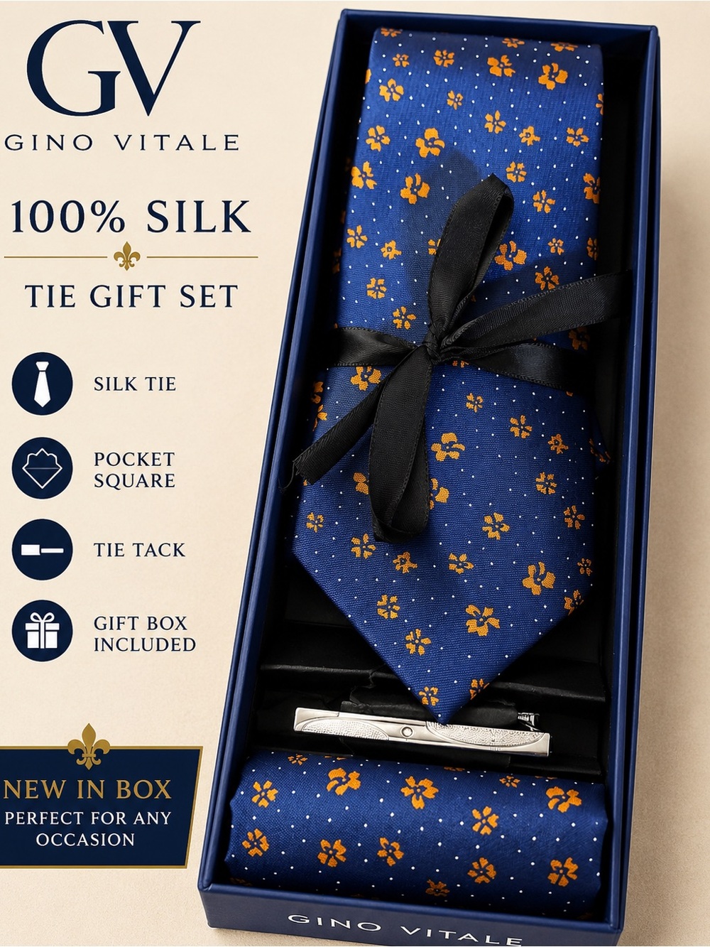 Gino Vitale Blue and Orange Floral Silk Tie Gift Set